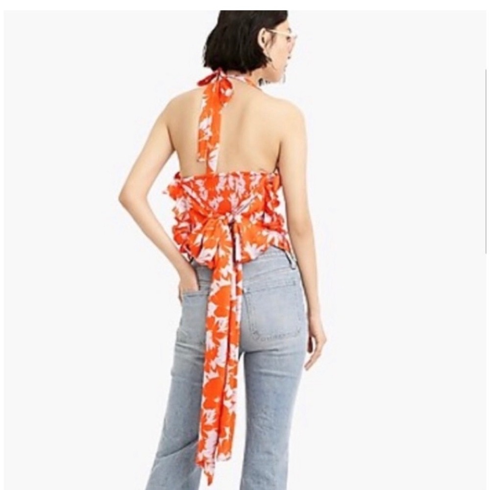 J.Crew Orange Floral Halter Top Ruffle Tie Back Smocked Blouse Large